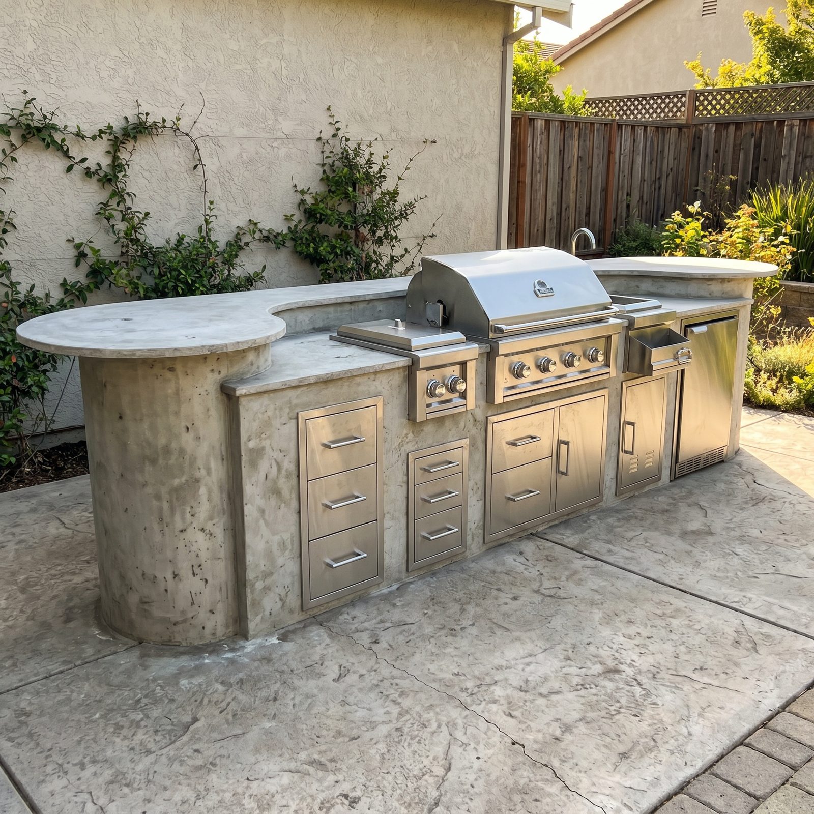 Concrete bar island: Cast-concrete L with a round bar overhang, drawers, and grill.