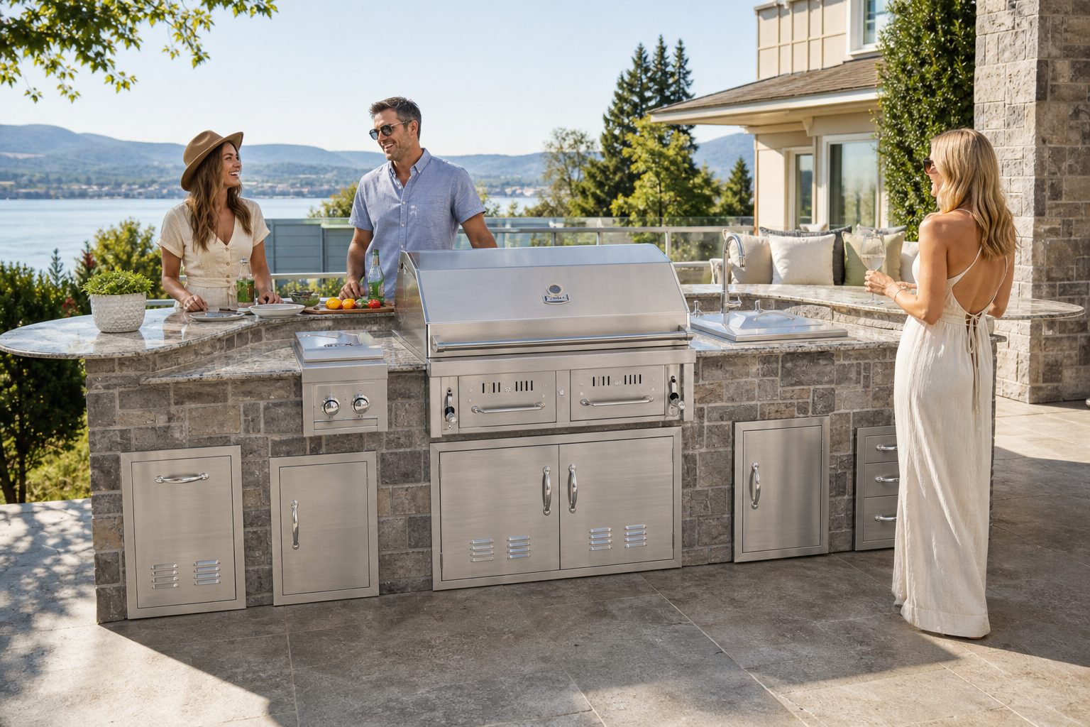 Entertaining on the water: Full masonry island with matching doors, drawers, and grill jacket.