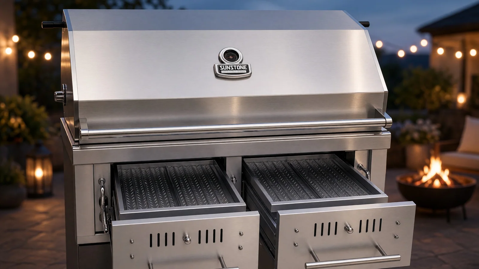 42-inch dual-zone True-Hybrid grill at dusk with food on the grates