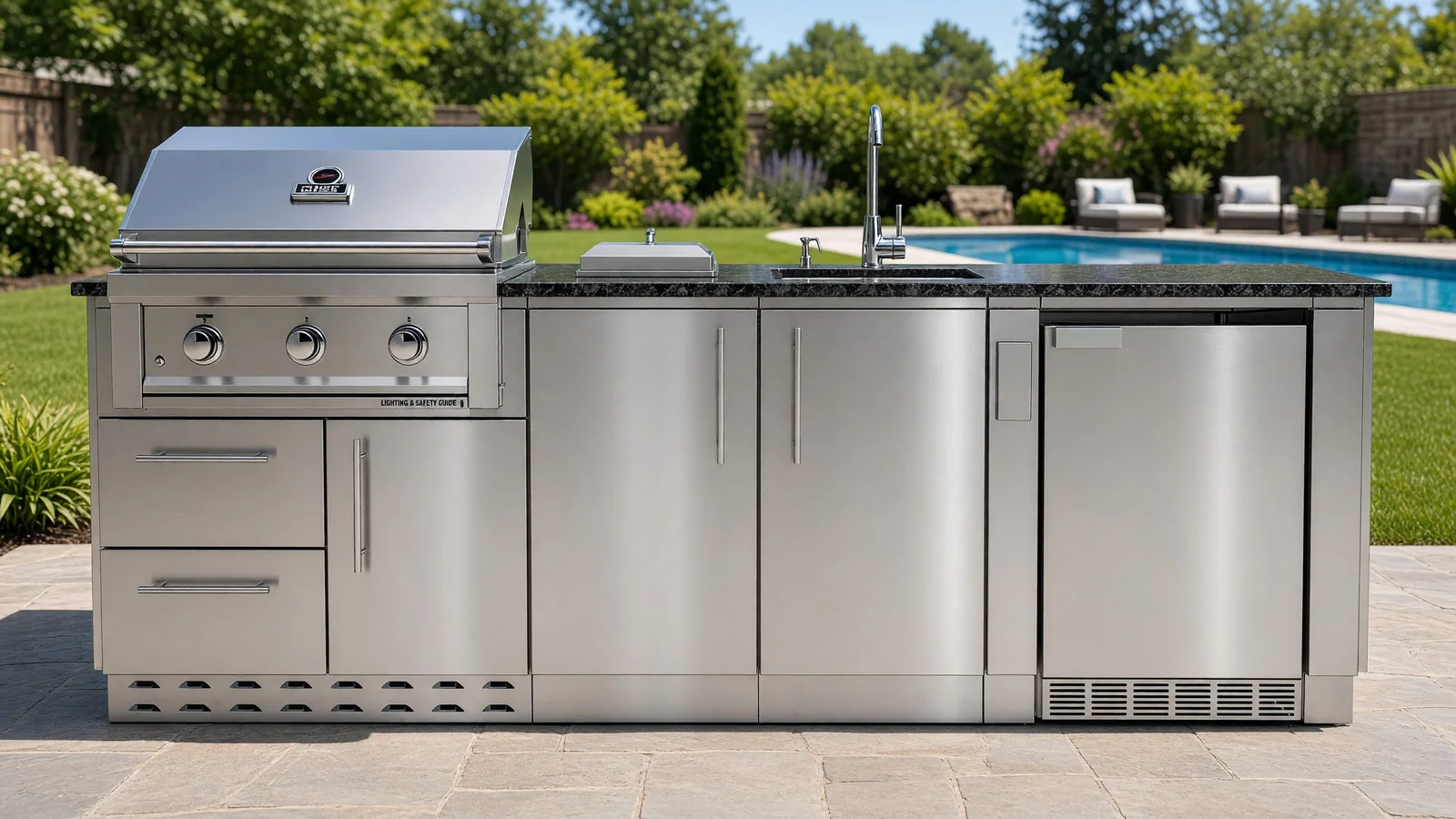 Bayou outdoor kitchen island in a sunny backyard